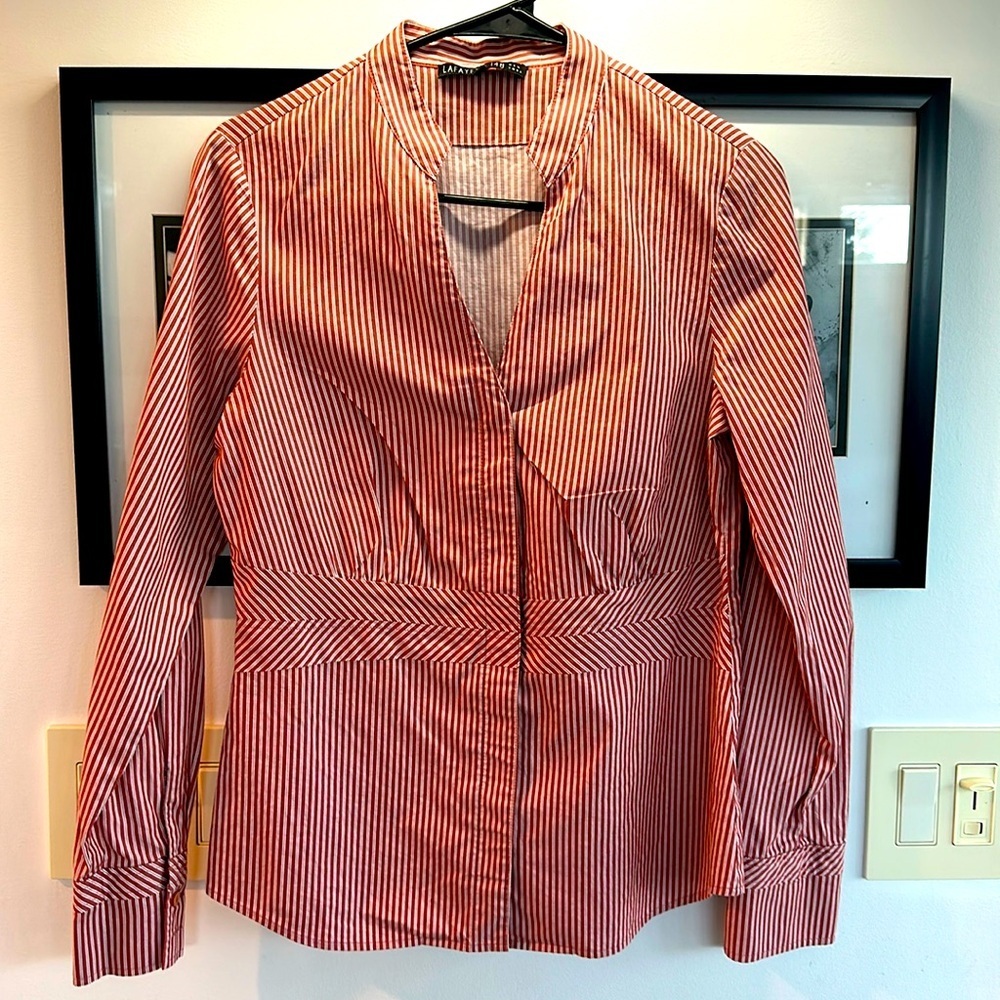 Lafayette 148 red + white stripe corset waist button down shirt size 8
